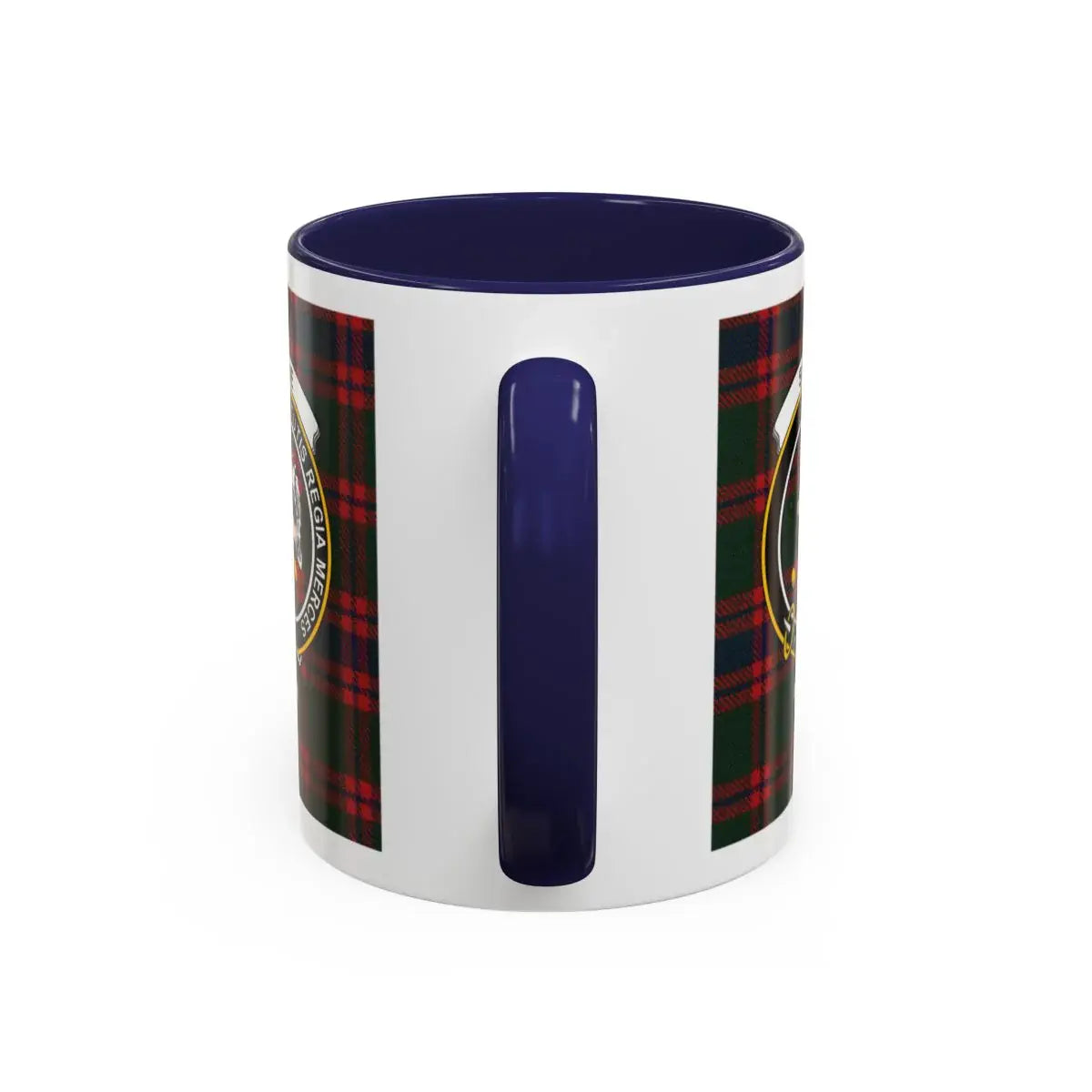 Clan Skene Scottish tartan mug — close-up of clan crest and navy accent interior