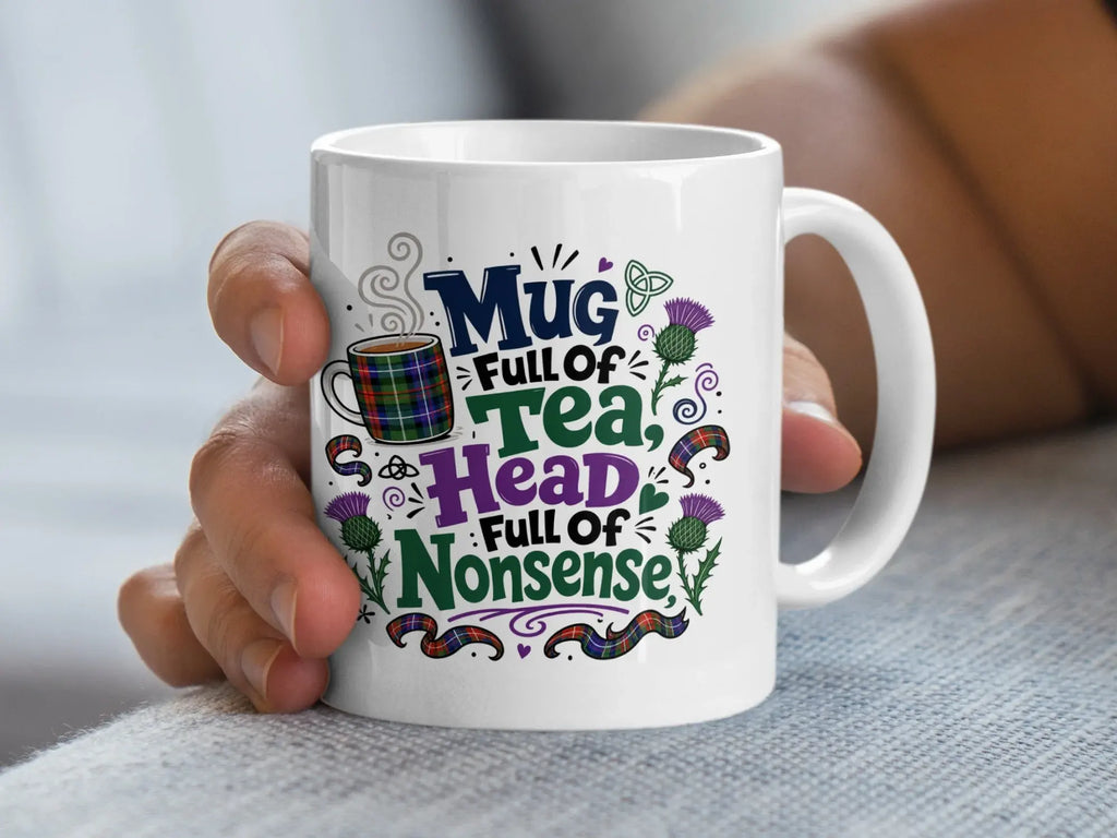 White mug with "Mug Full of Head Full of Nonsense" text and Scottish thistle design.