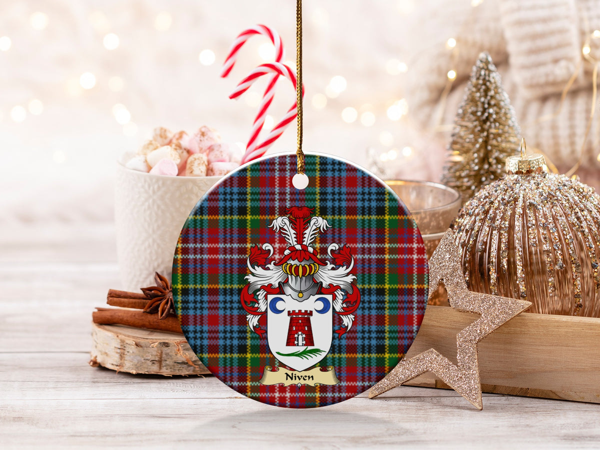 Double-sided Niven ceramic ornament with family shield and Caledonia tartan background