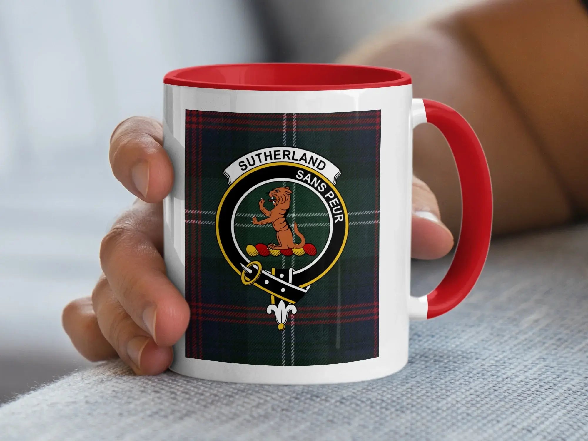 Sutherland sans peur clan crest coffee mug — red handle, 15oz ceramic