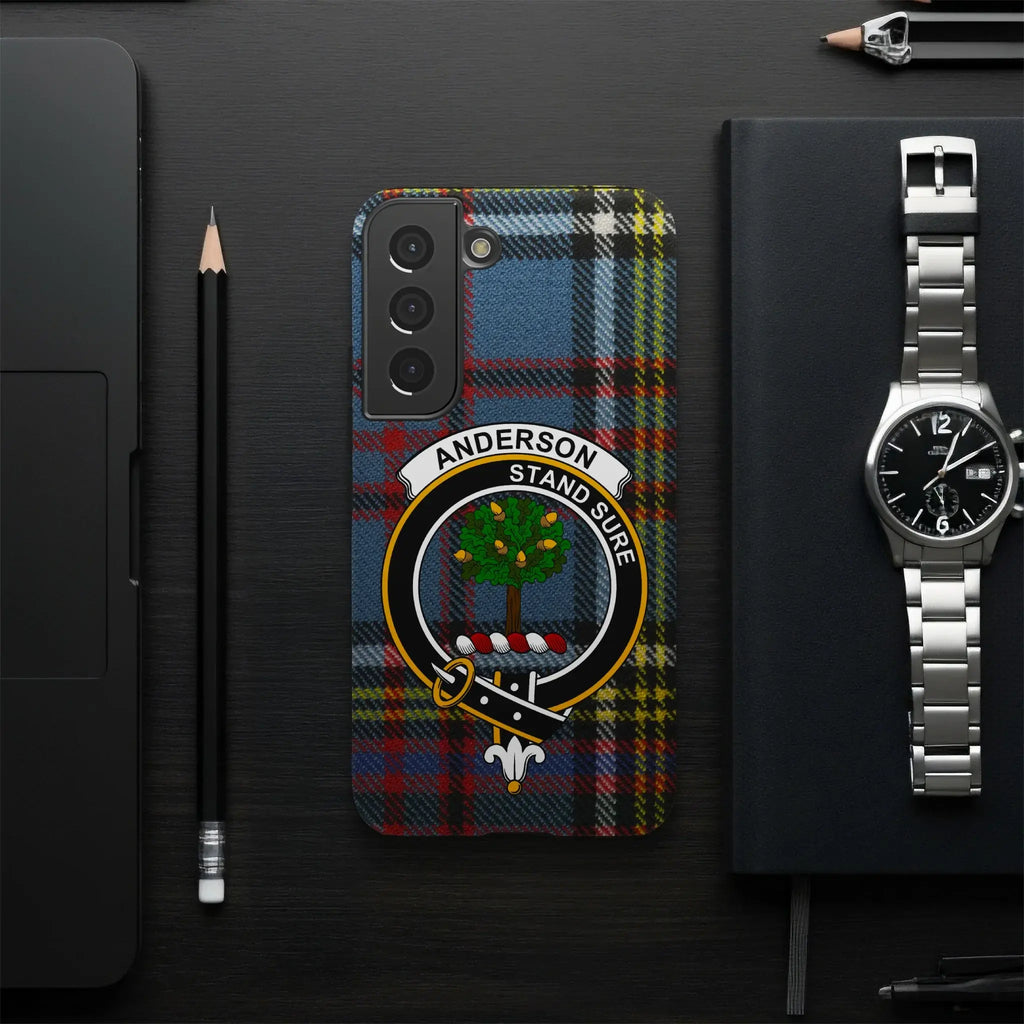 Side view of the Anderson tartan phone case showing the glossy dual-layer build