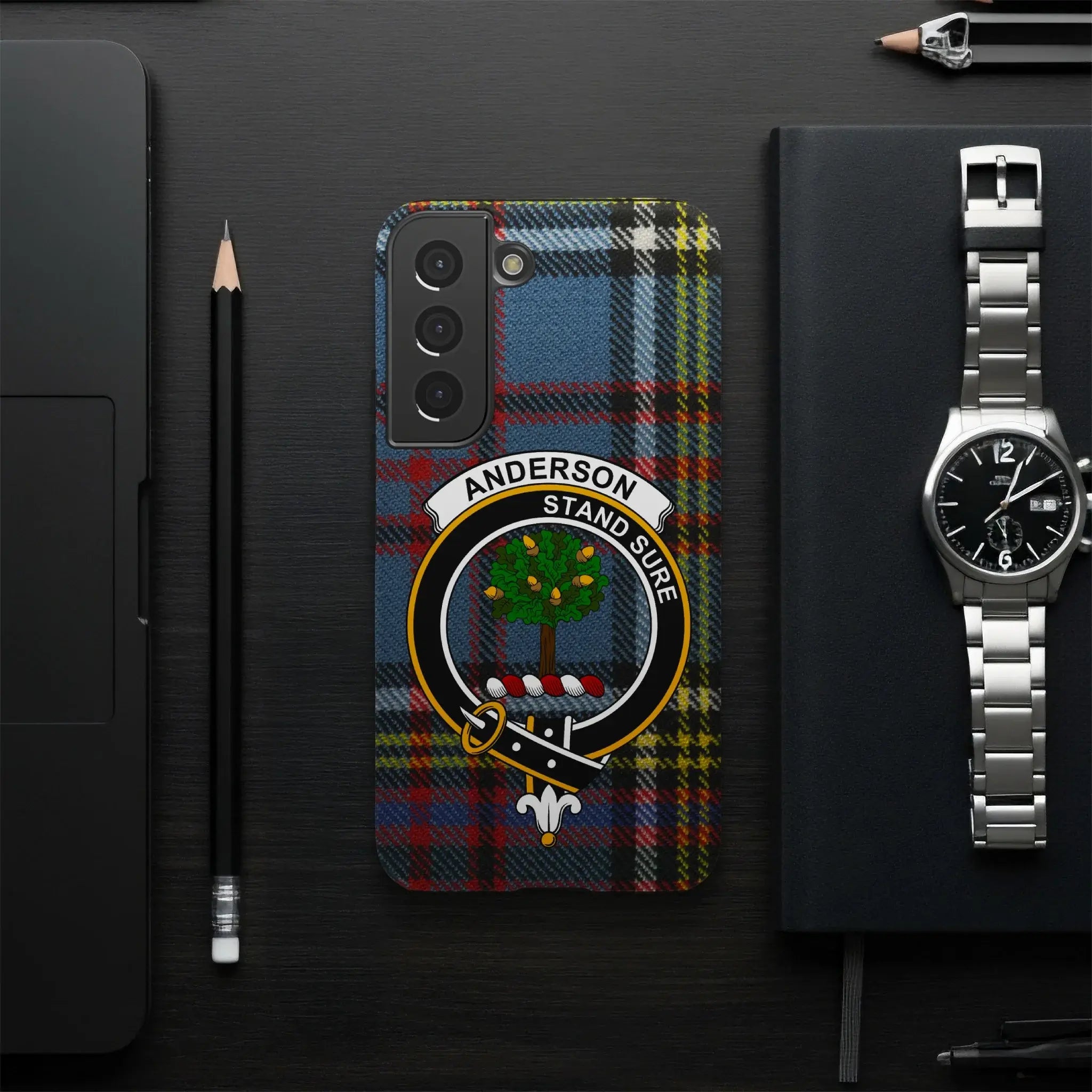 Side view of the Anderson tartan phone case showing the glossy dual-layer build