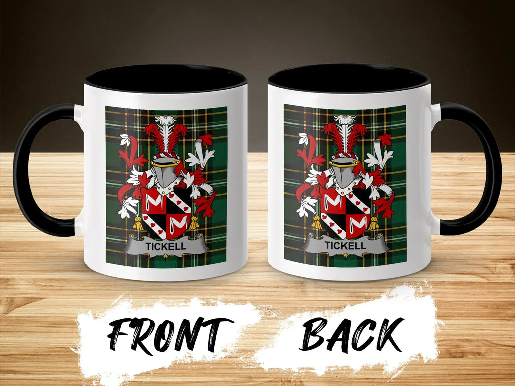 Front and back of a Tickell family crest mug with black handle and rim.