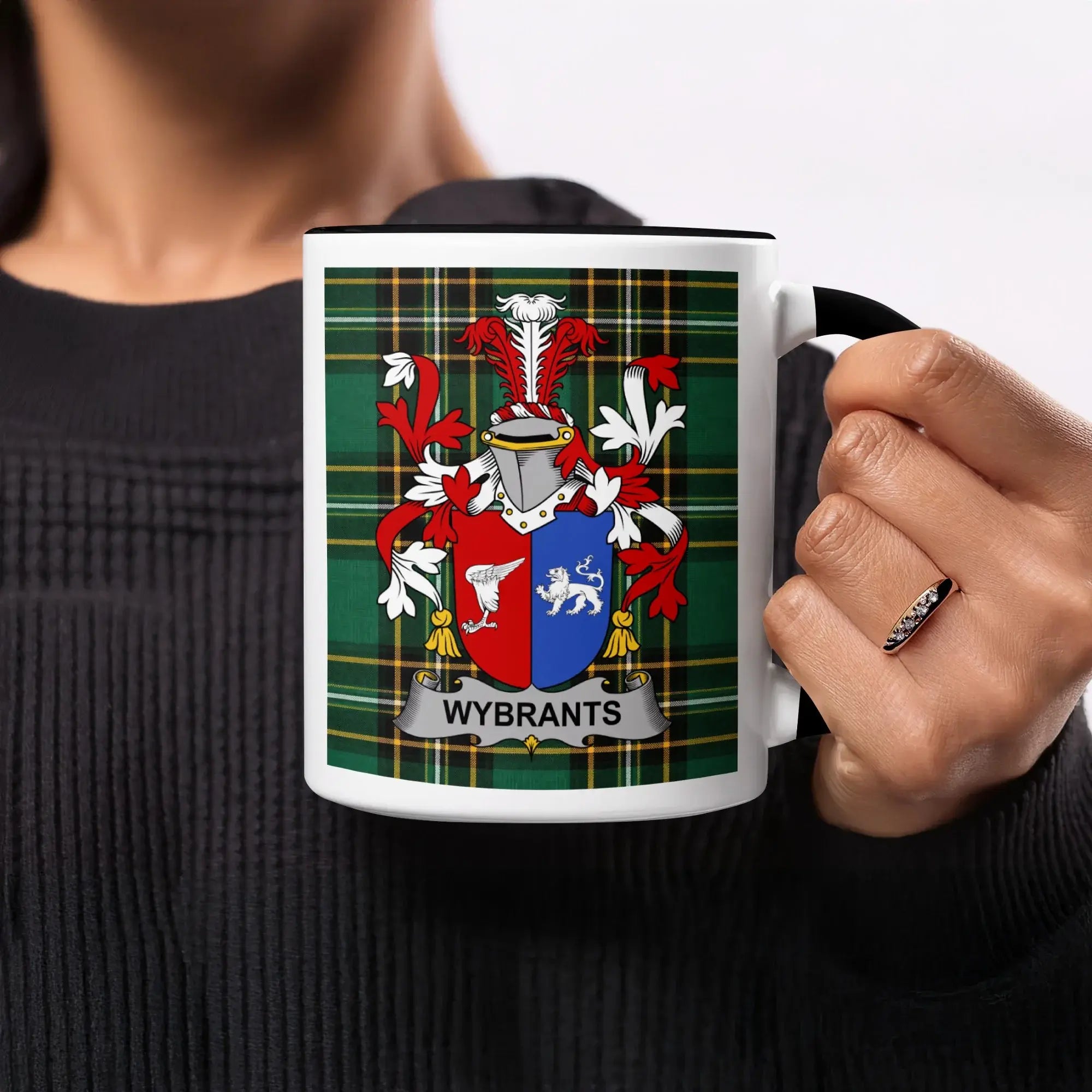 Mug with Wybrants family crest on tartan background.