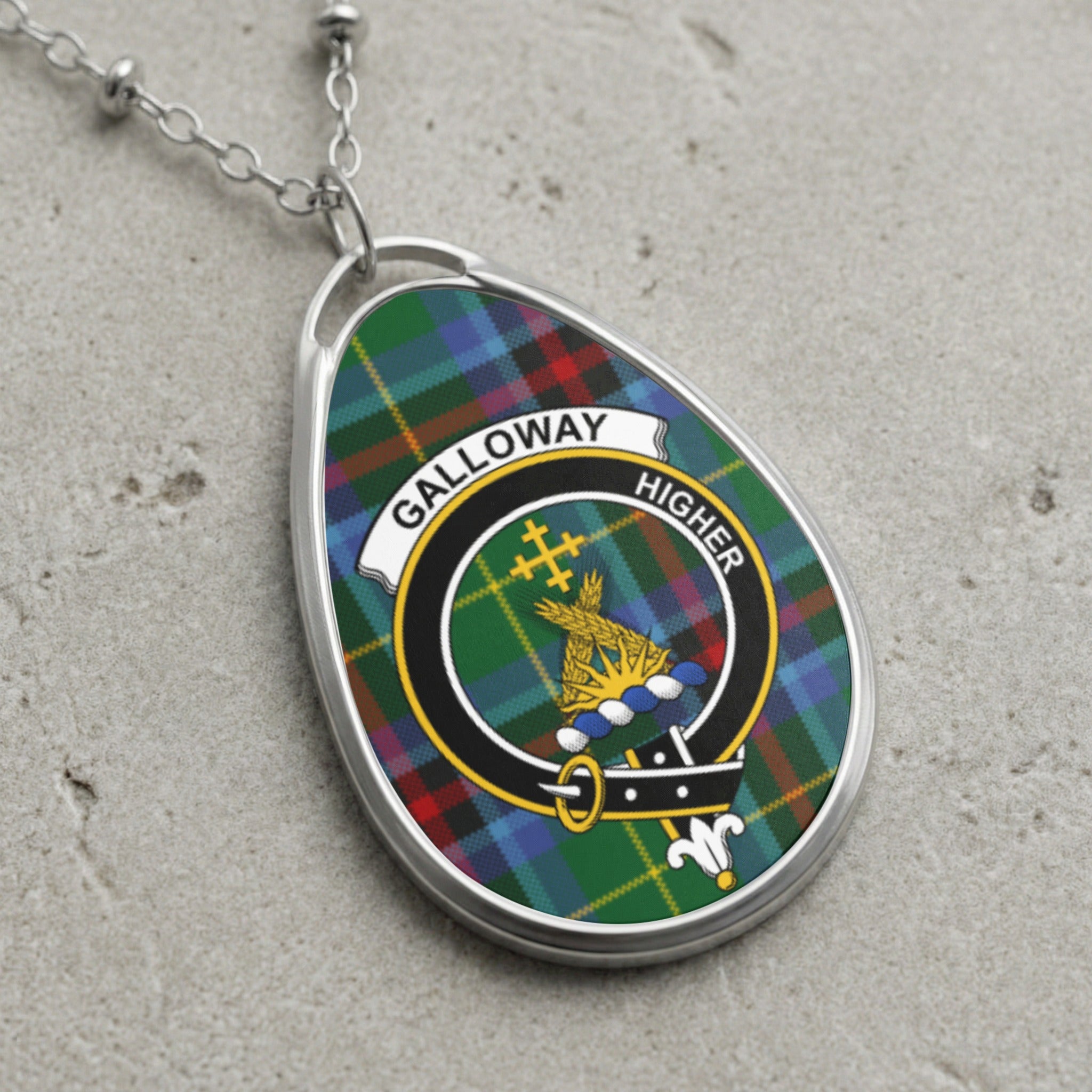 Galloway clan Scottish tartan necklace with clan crest on tartan background