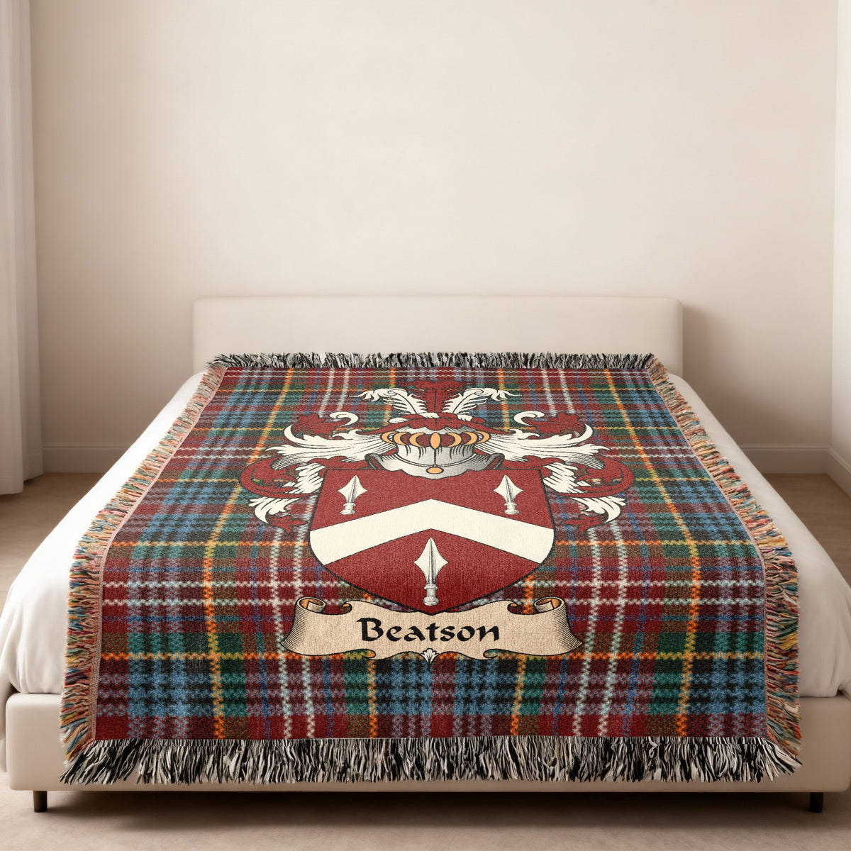 Beatson Caledonia tartan heritage woven throw blanket with family shield