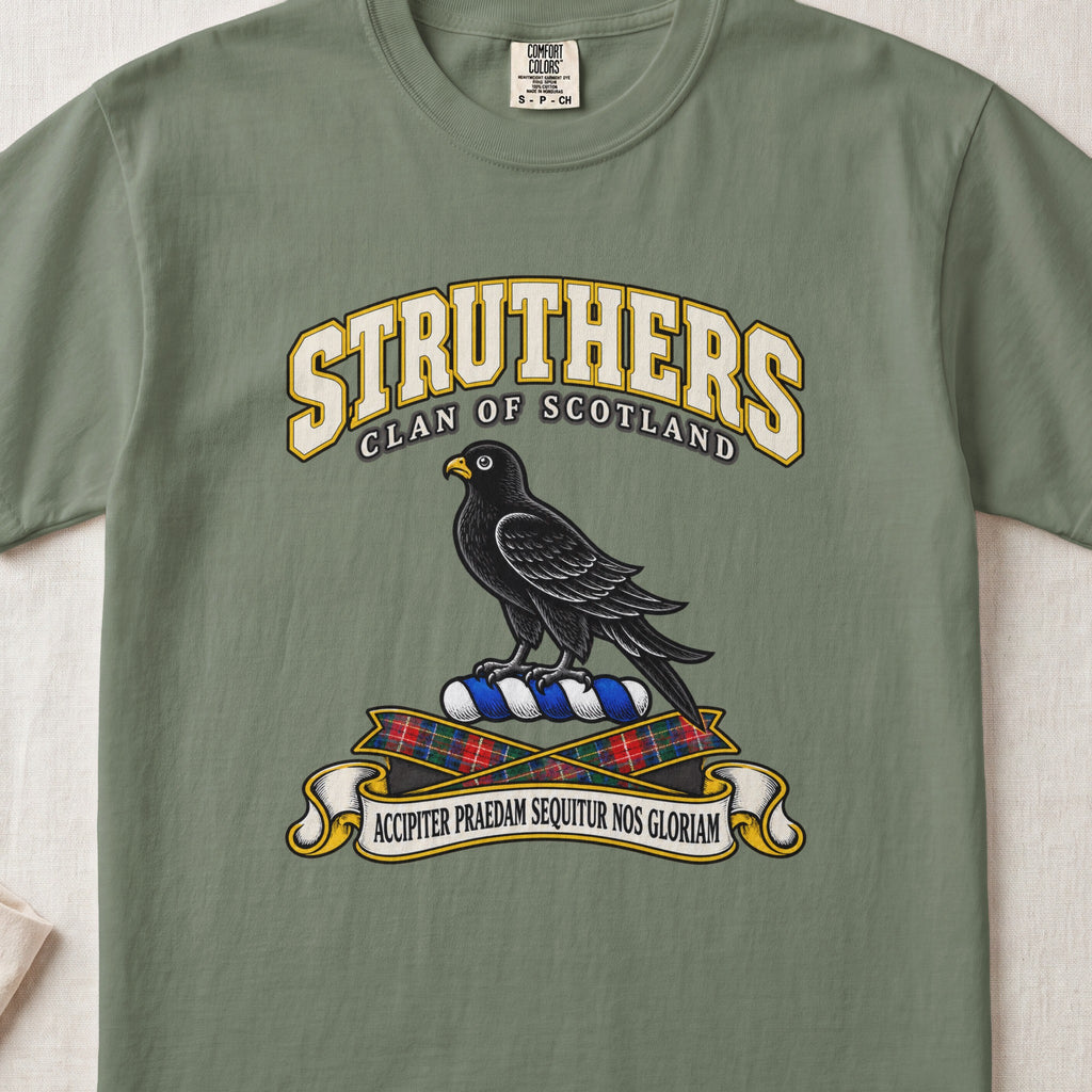 Struthers Scottish clan T-shirt in Moss, front view with a black bird with a golden beak and motto design.
