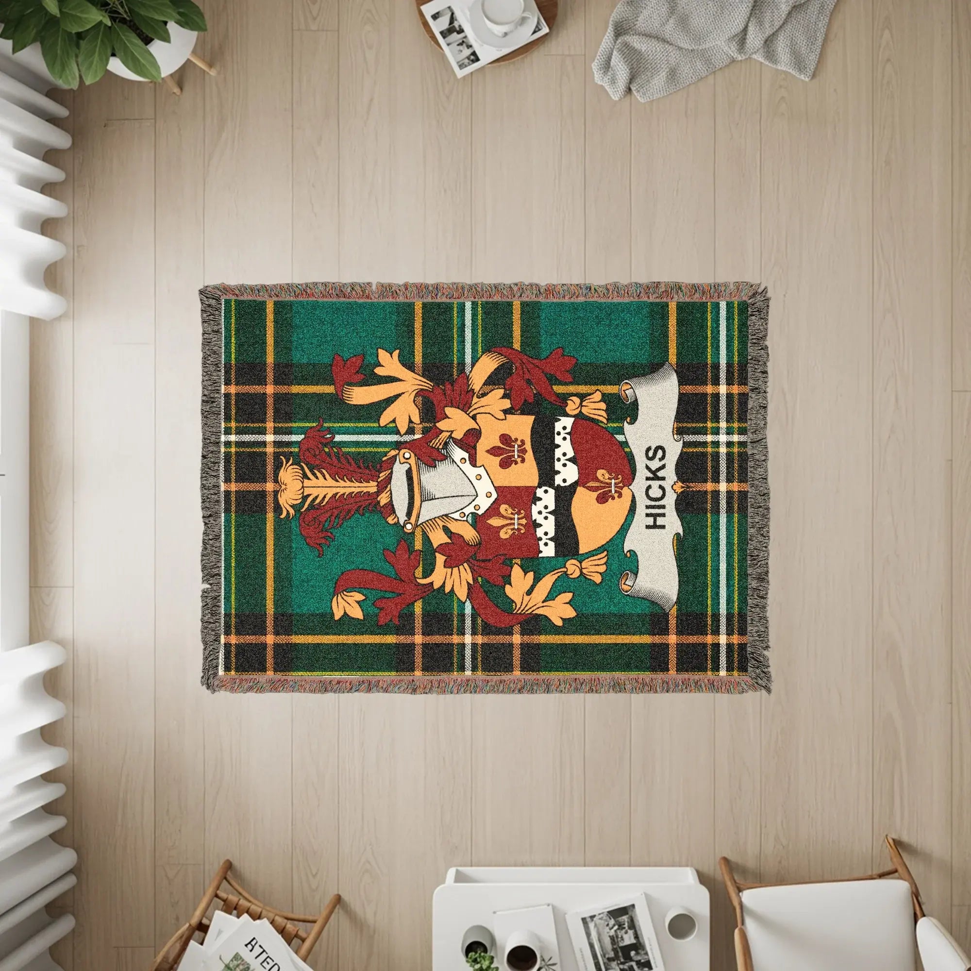 Hicks family crest on a plaid throw rug on a wooden floor.