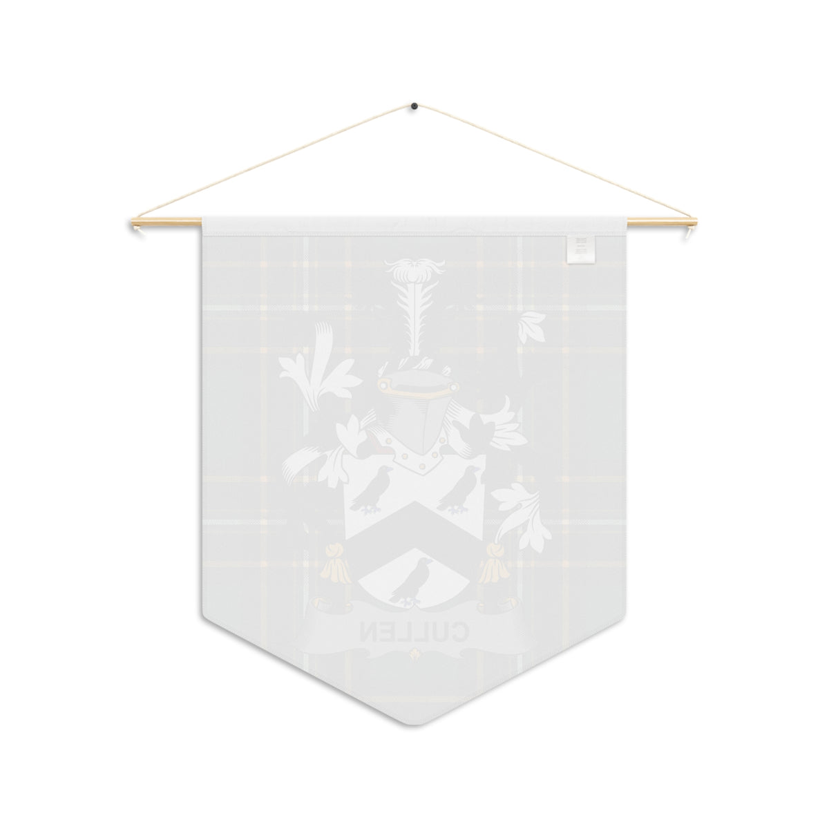 Cullen family crest pennant hanging from a wooden dowel and string.