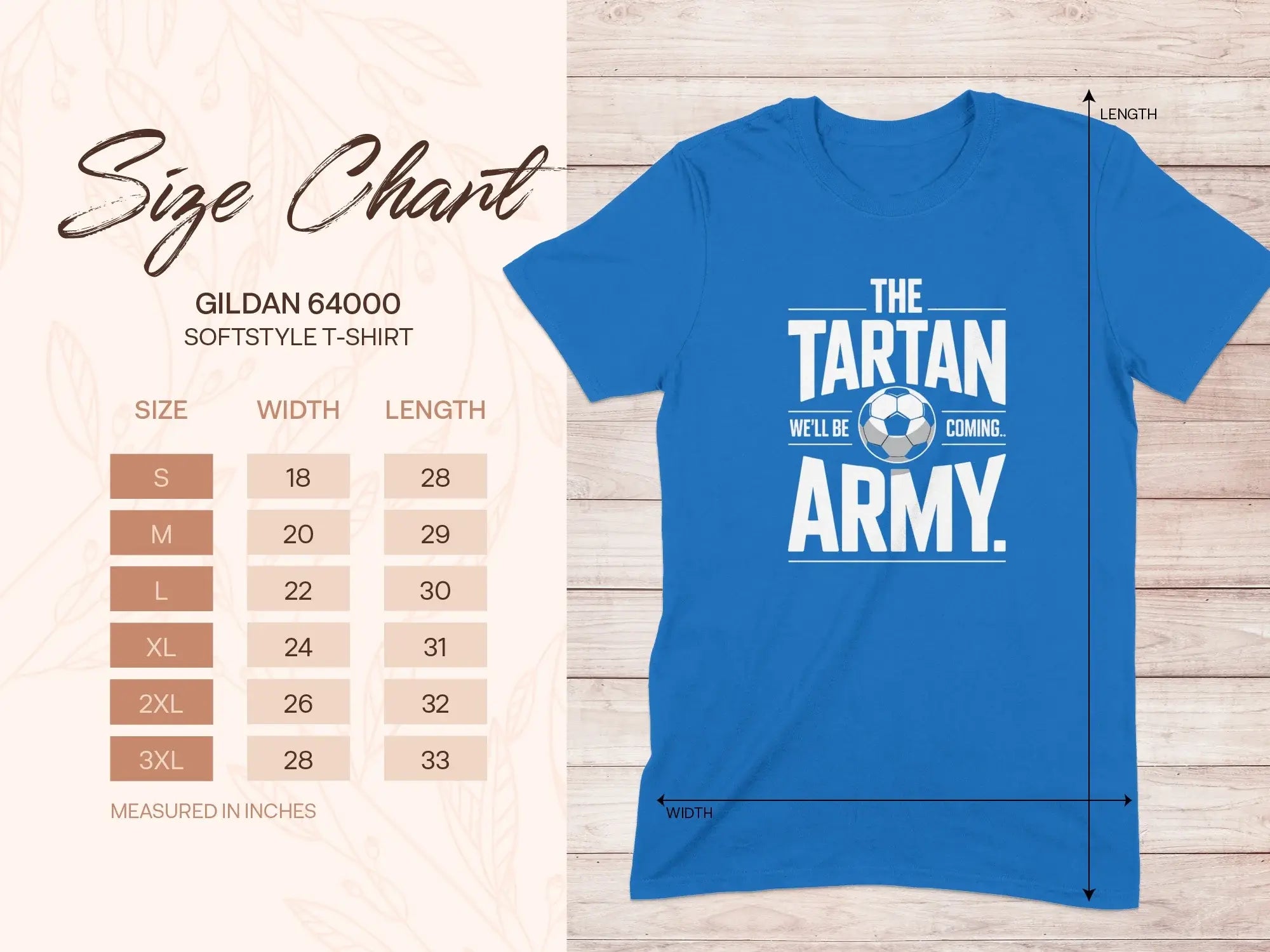 Gildan 64000 T-shirt size chart with measurements in inches.