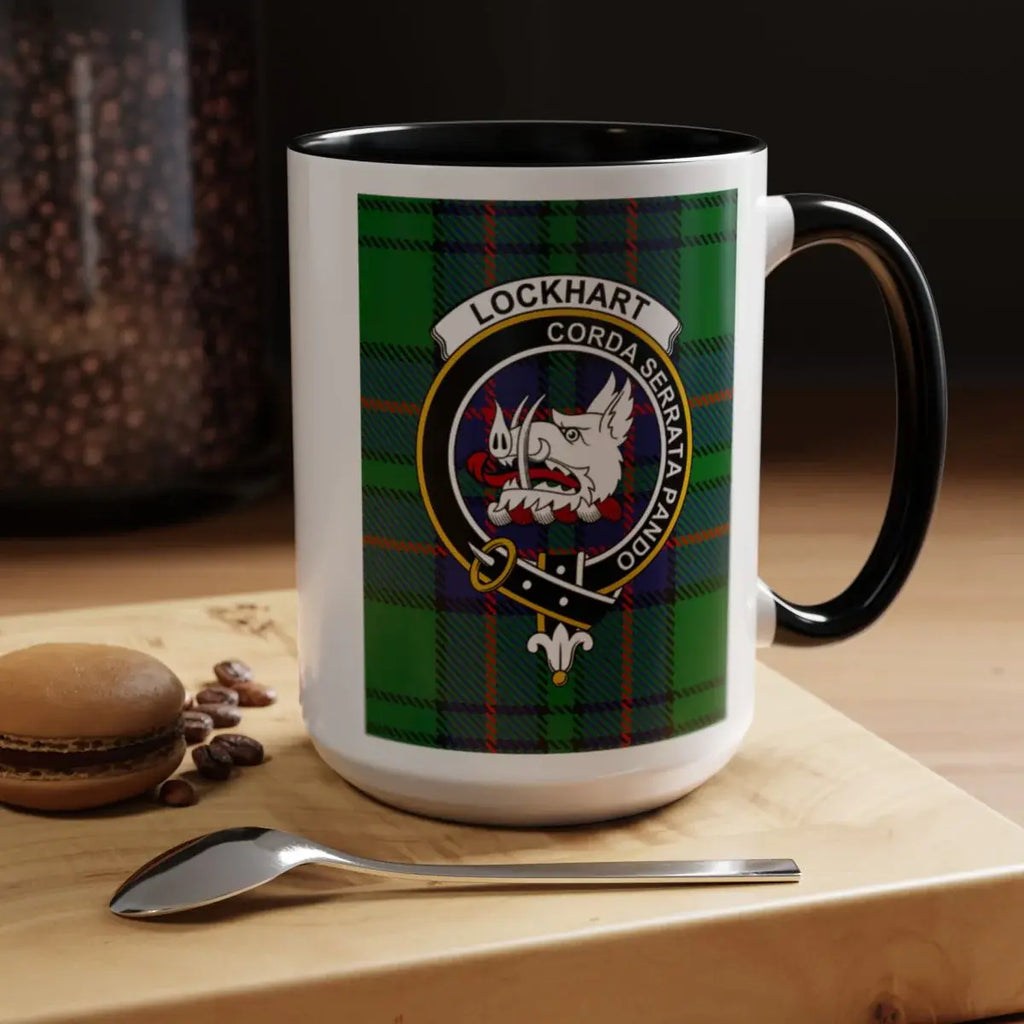 Clan Lockhart crest mug — 15 oz with black handle, tartan and boar's head print
