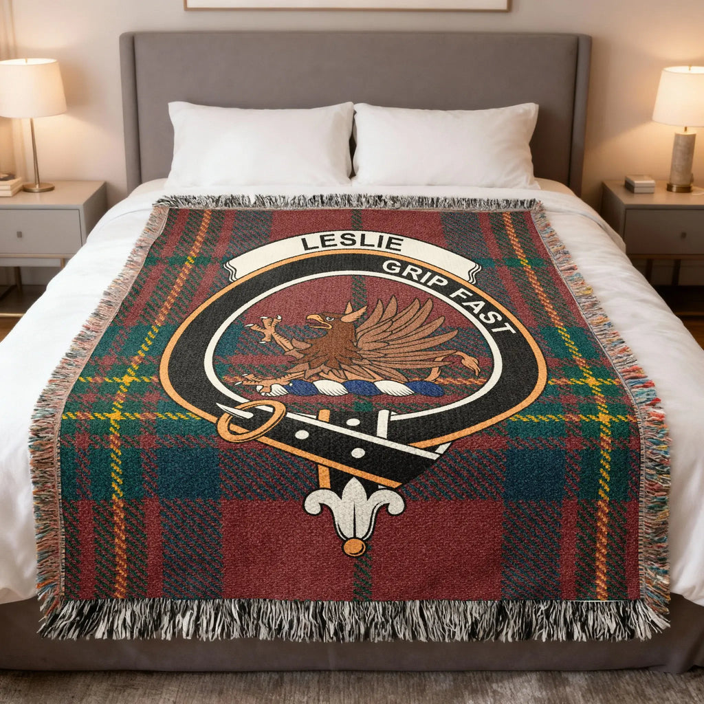 Leslie clan tartan woven blanket — 100% cotton with Grip Fast griffin clan crest design