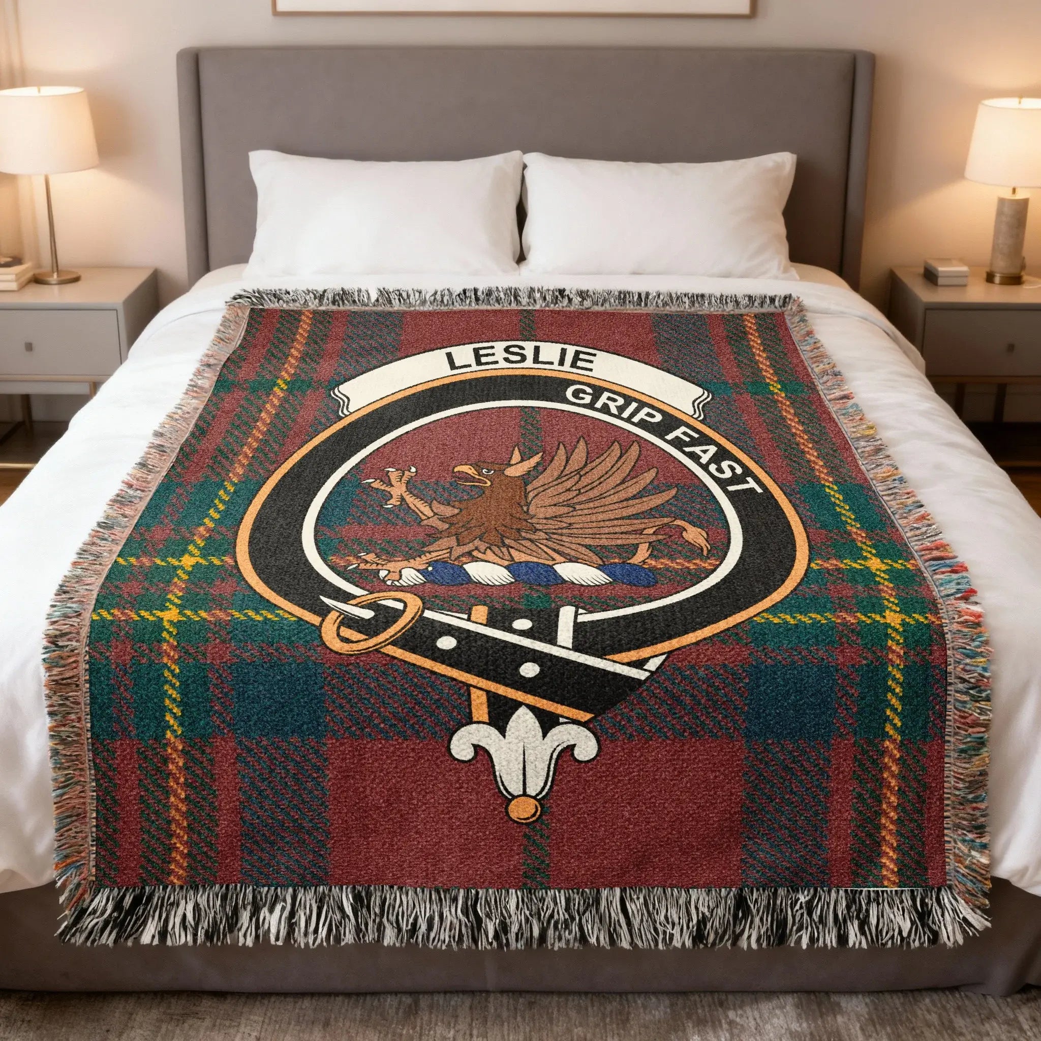 Leslie clan tartan woven blanket — 100% cotton with Grip Fast griffin clan crest design