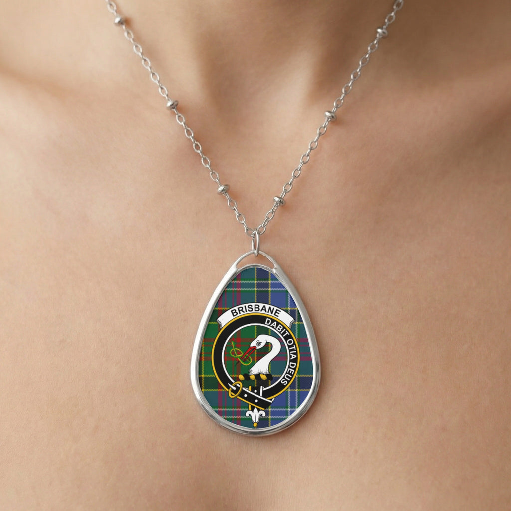 Close-up of Brisbane clan tartan pendant necklace with crest design