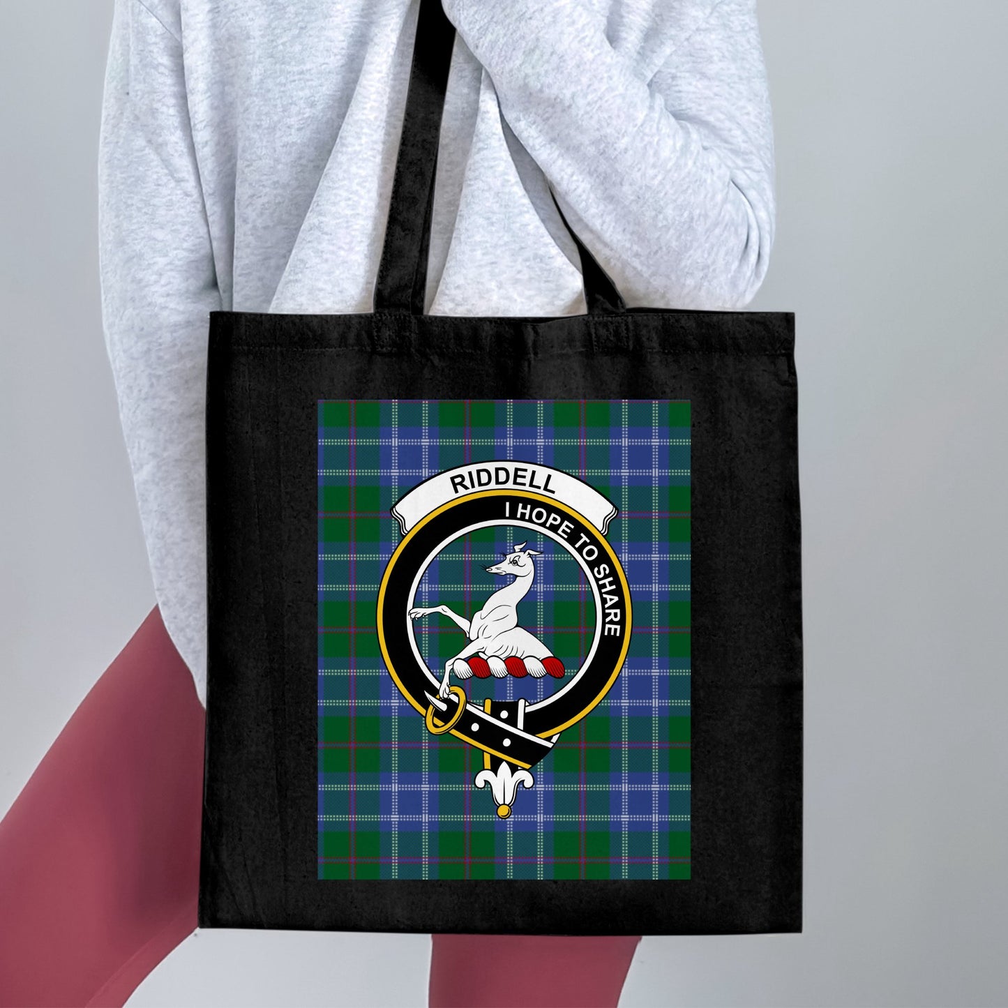 Scottish Clan Riddell Crest on Tartan Background Tote Bag - Living Stone Gifts