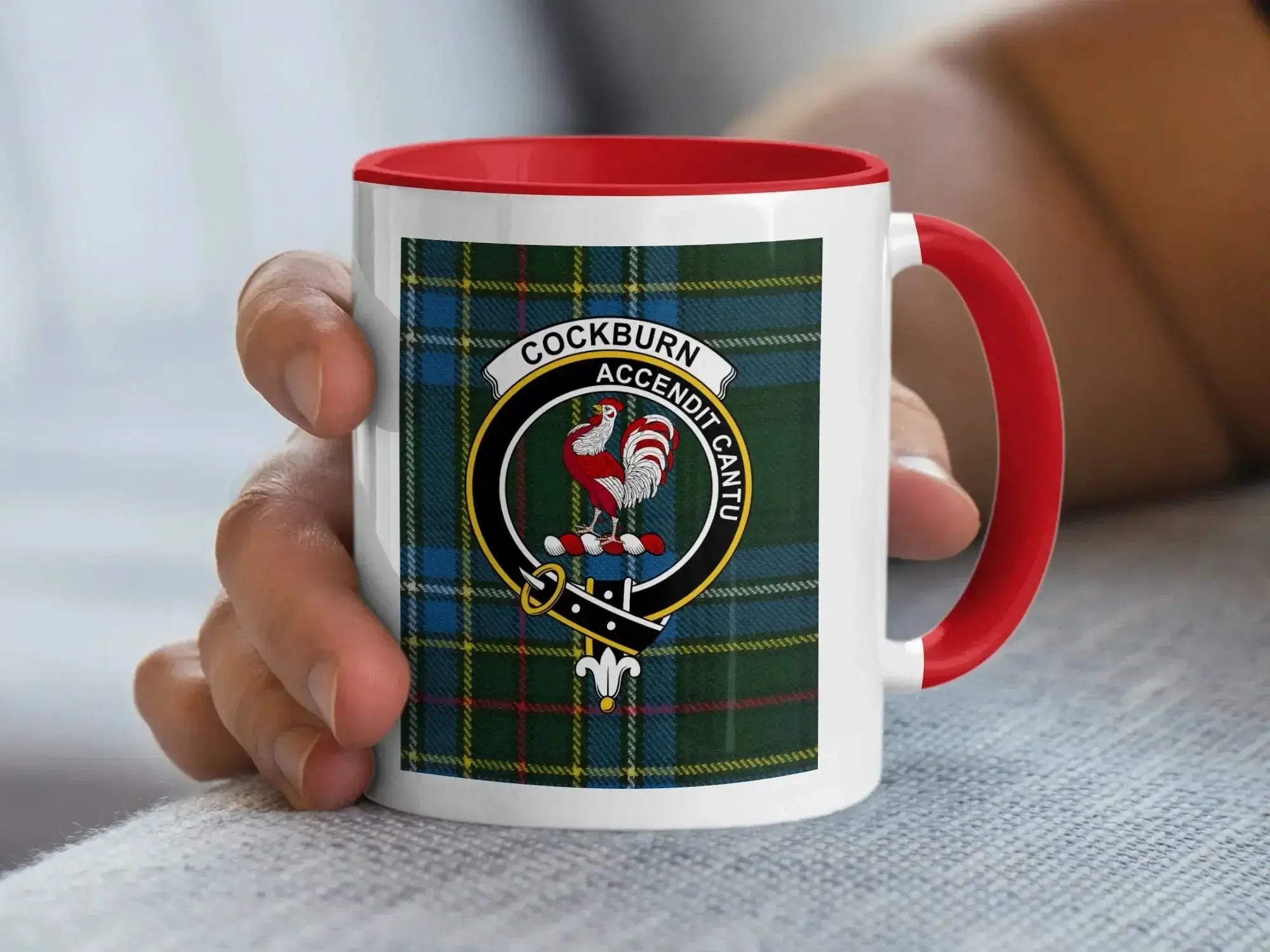 Cockburn clan tartan accent mug — navy handle, glossy ceramic 11 oz