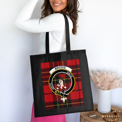 Brodie Scottish Clan Crest on Tartan Background Tote Bag - Living Stone Gifts