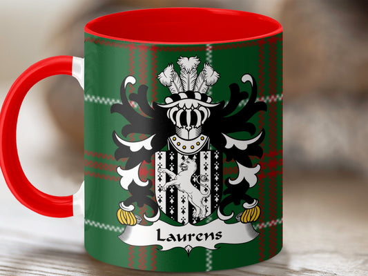 Laurens Welsh Surname Coat of Arms on Tartan Background Mug - Living Stone Gifts