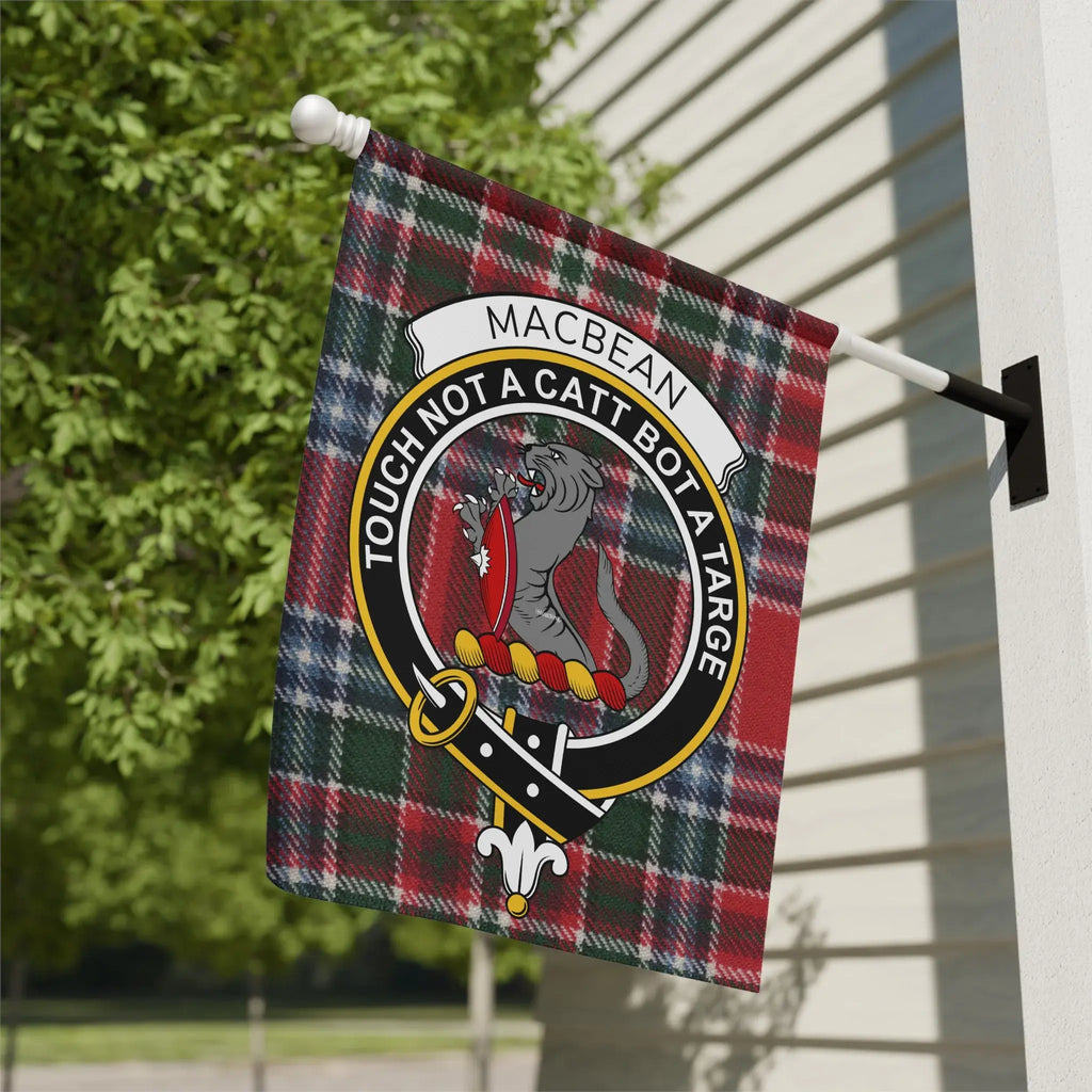 Macbean tartan flag with clan crest and motto "Touch not a catt bot a targe".