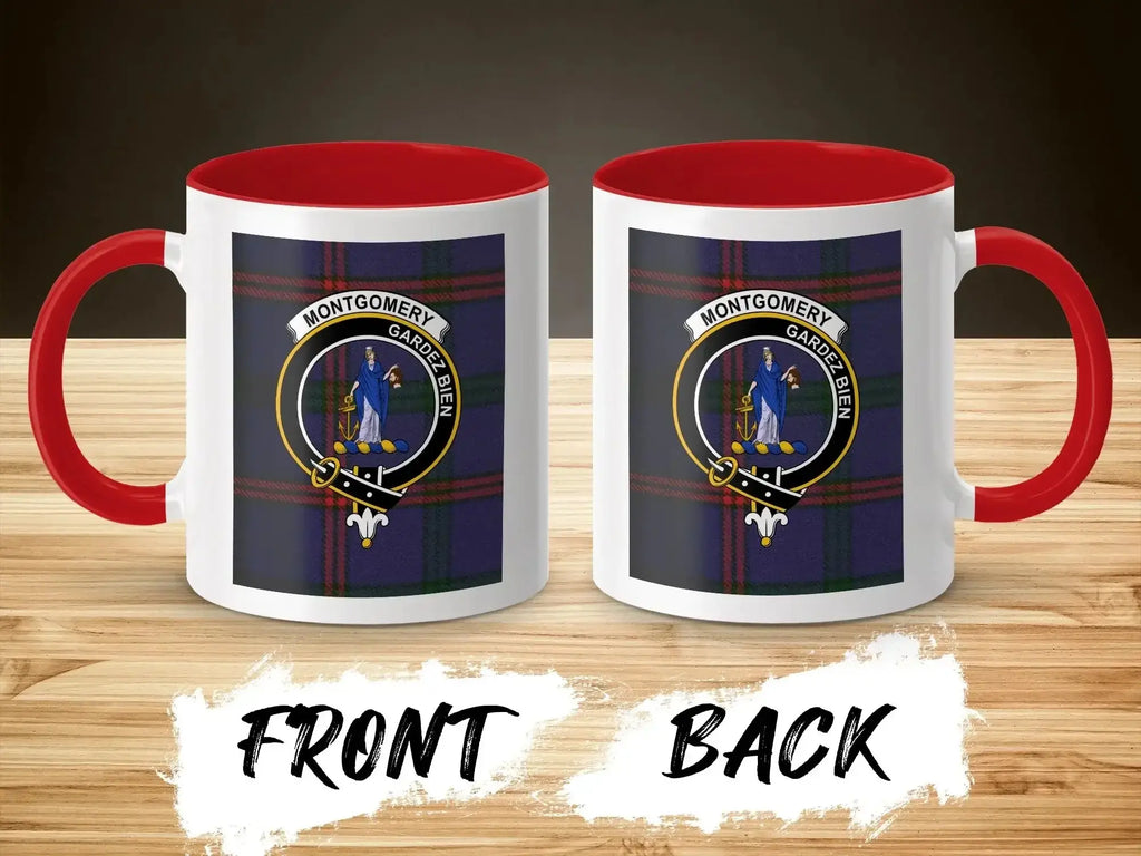 Montgomery Gardez Bien crest mug shown front and back — glossy ceramic with clan tartan