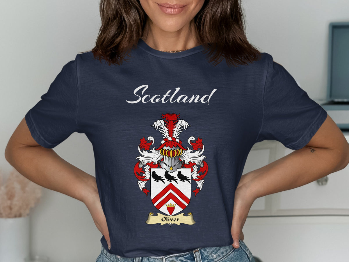 Oliver Scottish family shield design on Navy T-shirt