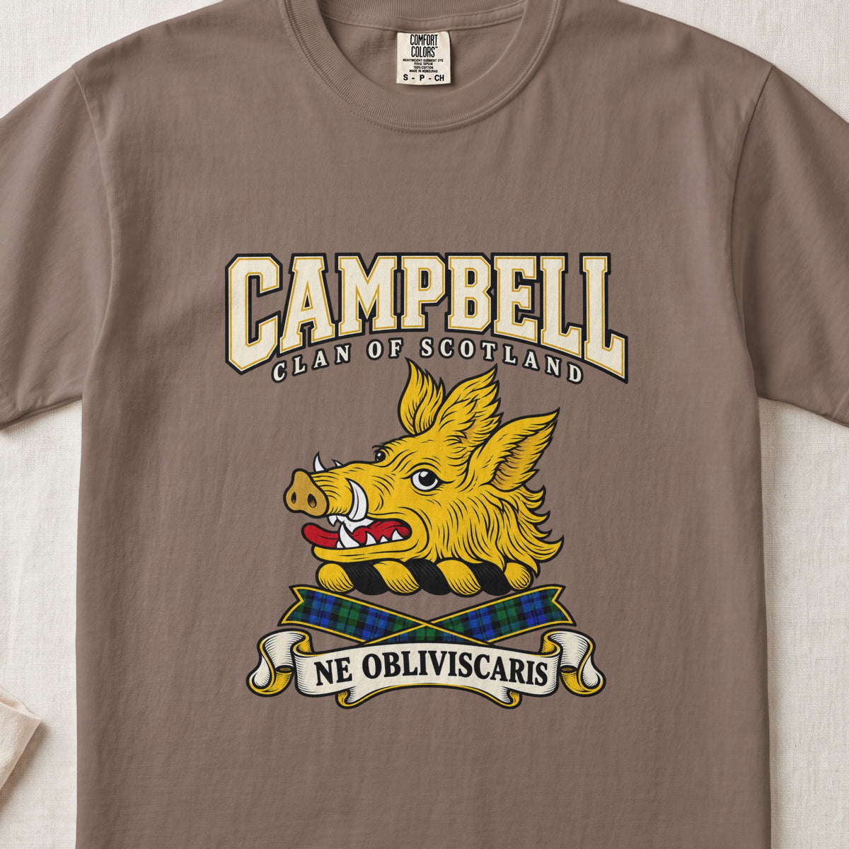 Campbell graphic T-shirt in Espresso brown, front flat lay showing varsity lettering and gold boar head with tusks and red tongue.