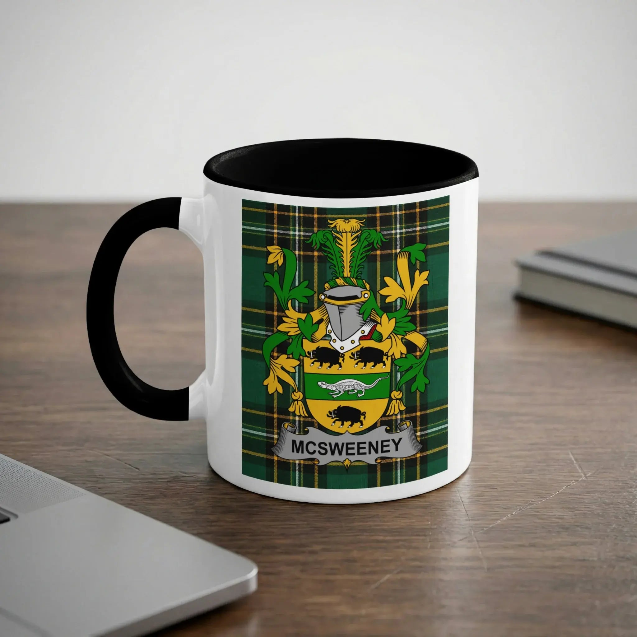 McSweeney Irish heritage mug with black handle and family crest
