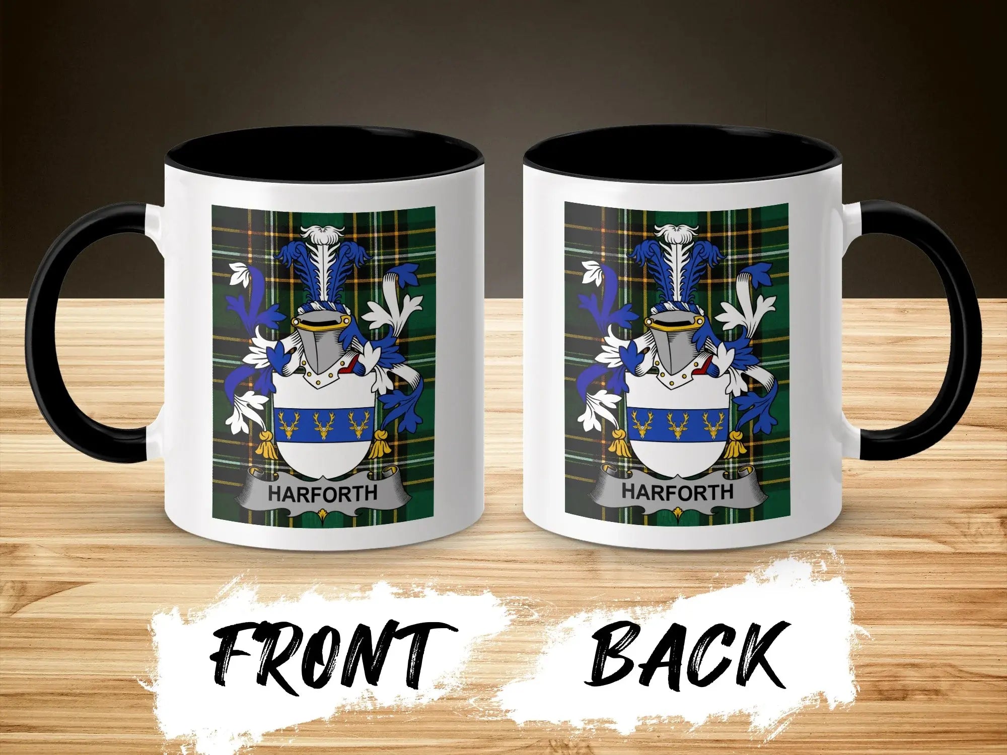 Two mugs with HARFORTH crest on plaid background, black handles and interior.
