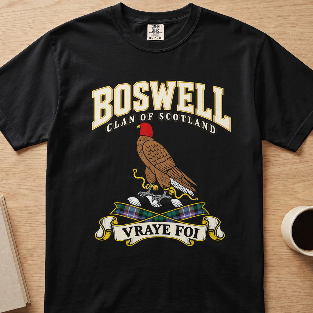 Boswell clan crest with hooded brown bird on a black Comfort Colors T-shirt, front view