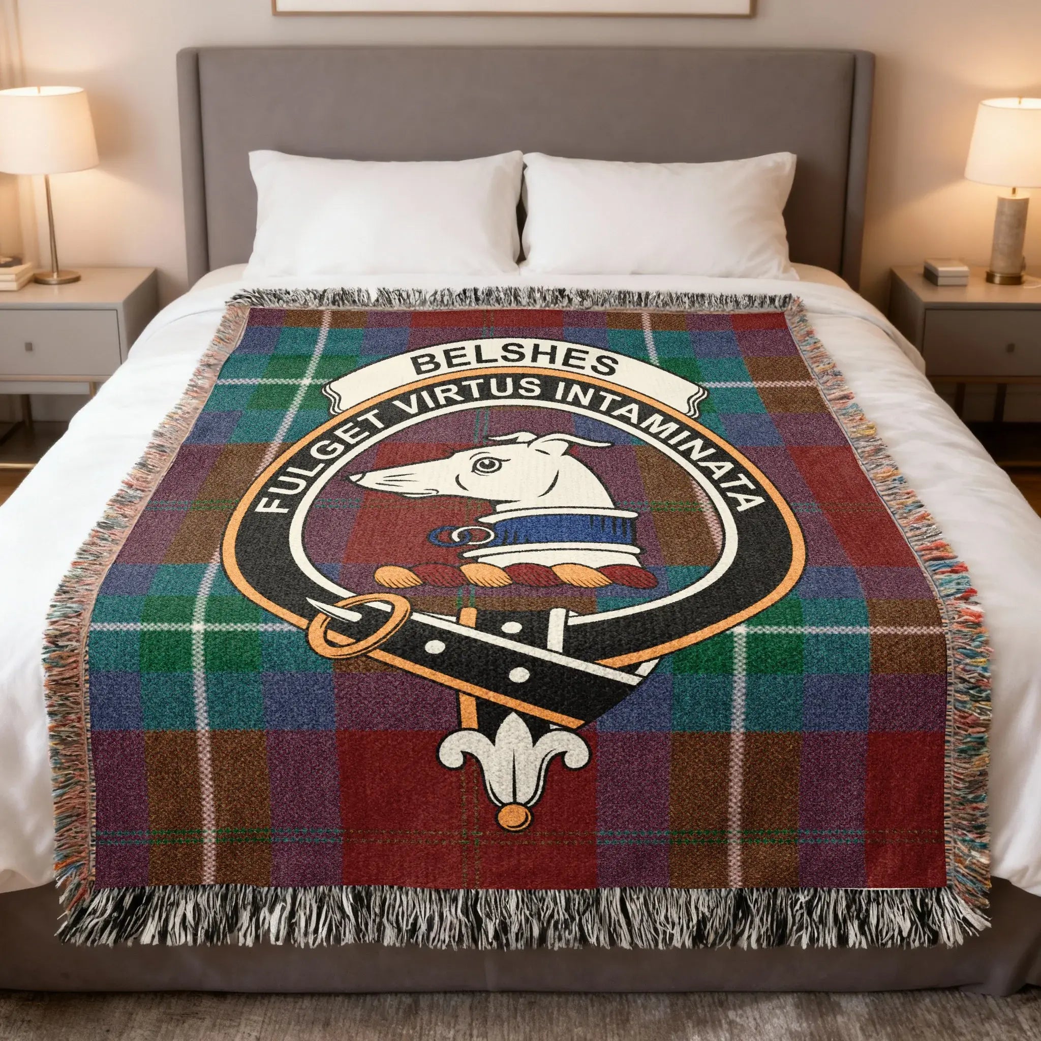 Belshes Fulget Virtus Intaminata Tartan Throw Blanket