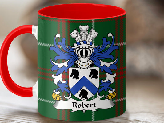 Robert Welsh Surname Coat of Arms Tartan Background Mug - Living Stone Gifts