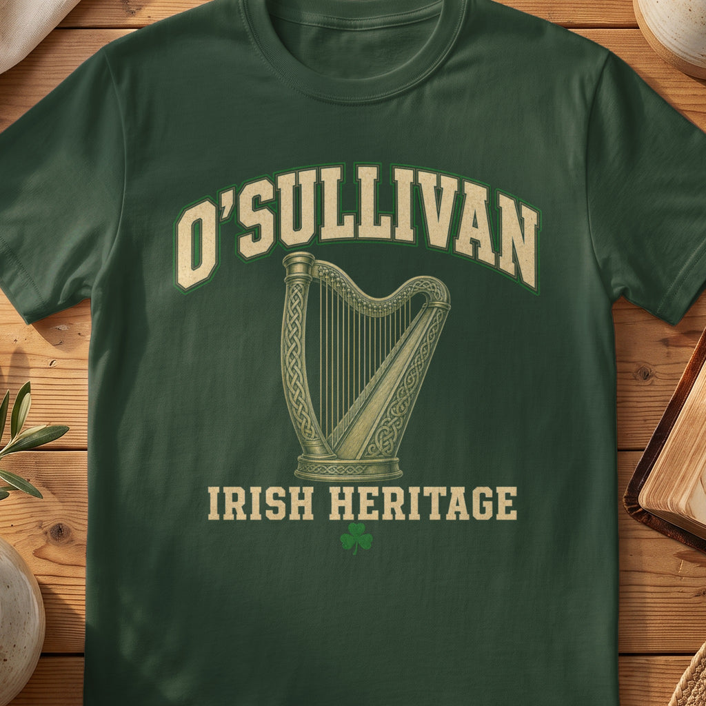 O'Sullivan Irish harp T-shirt in Forest Green, with cream surname lettering, a gold-toned harp, green shamrock and “Irish Heritage” text.