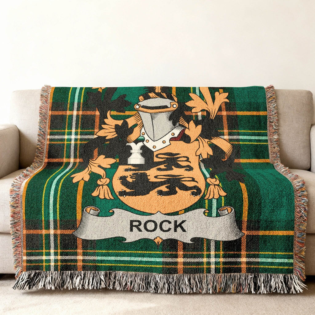 Green plaid throw blanket with a shield and the name ROCK.