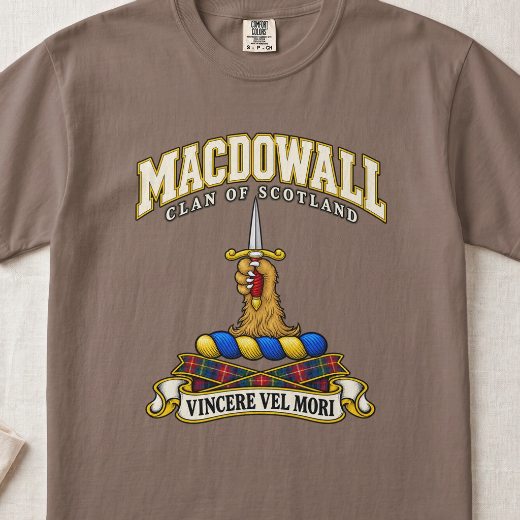 MacDowall Scottish clan T-shirt in Espresso, front view with a golden paw holding an upright dagger and motto banner.
