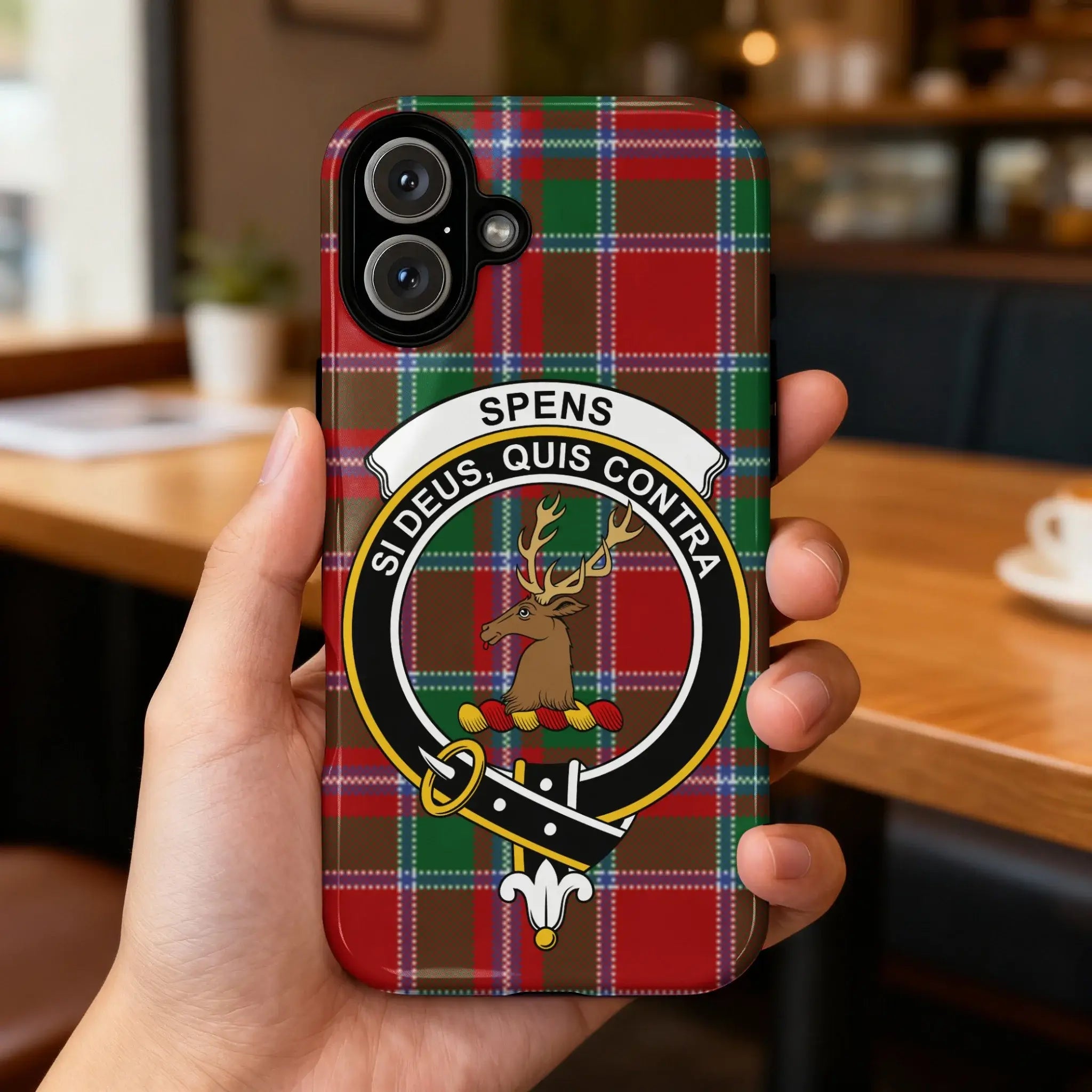 Clan Spens si deus quis contra tartan phone case — glossy edge-to-edge deer crest print, iPhone shown
