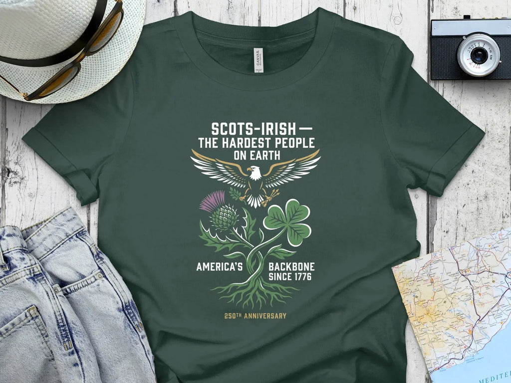 Dark green t-shirt with Scots-Irish design: eagle, thistle, shamrock, and text.