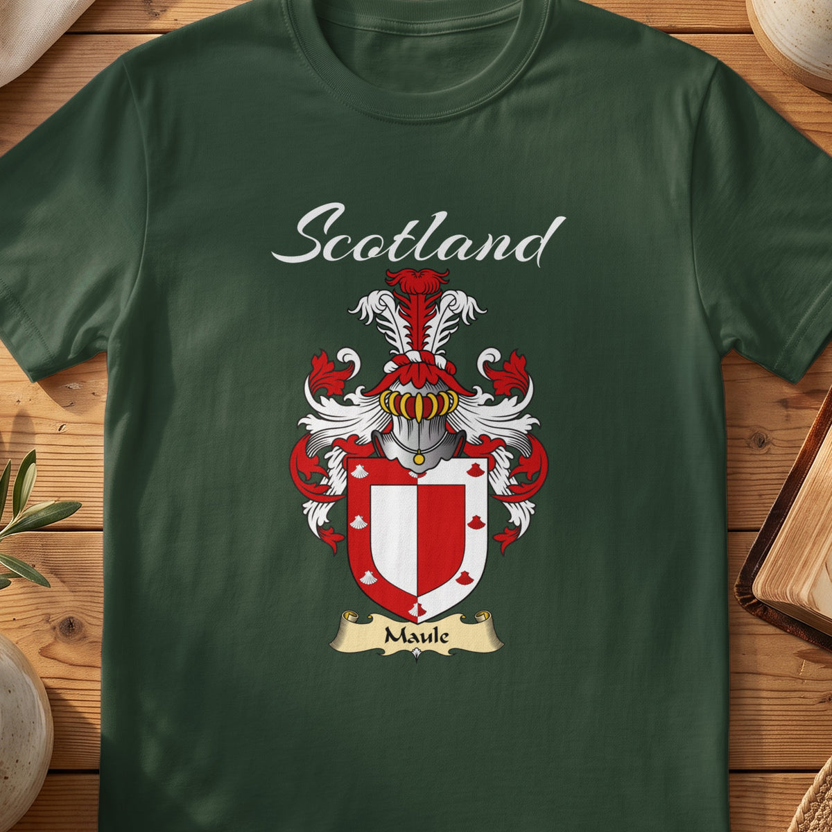 Forest Green Maule Scottish T-shirt featuring a red-and-white shield with a contrasting border