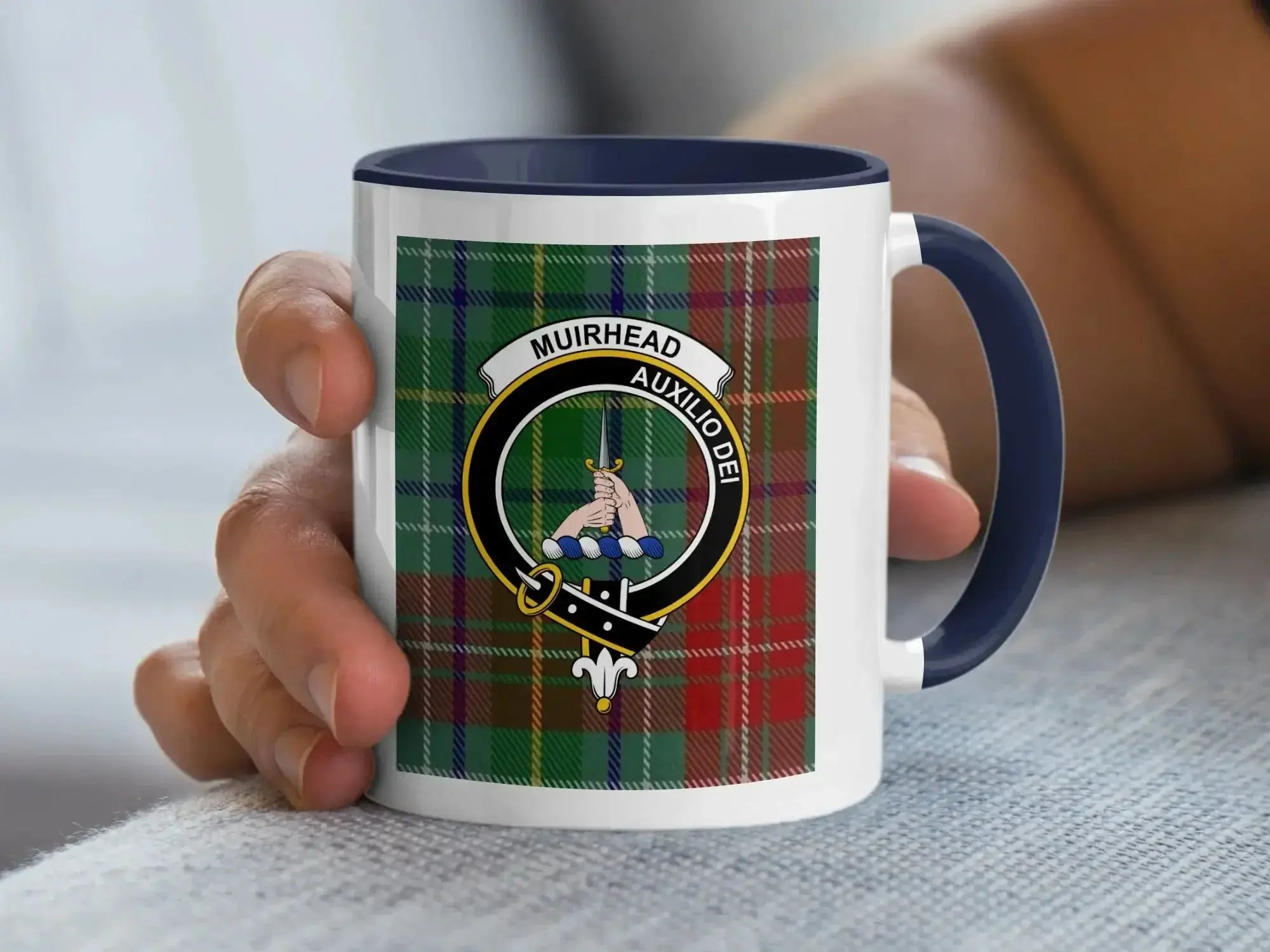 Clan Muirhead tartan accent mug with black handle — 11oz glossy ceramic with Auxilio Dei crest
