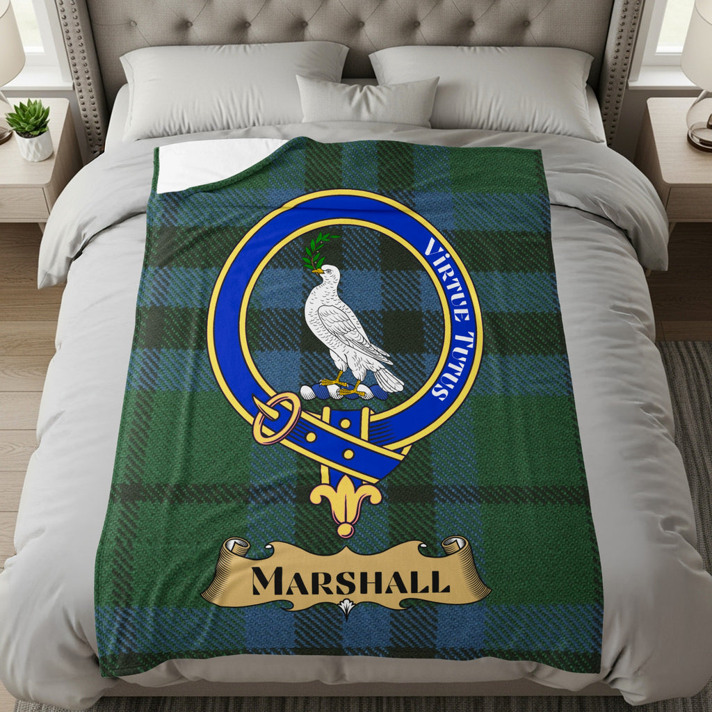 Marshall clan crest with dove on tartan throw blanket