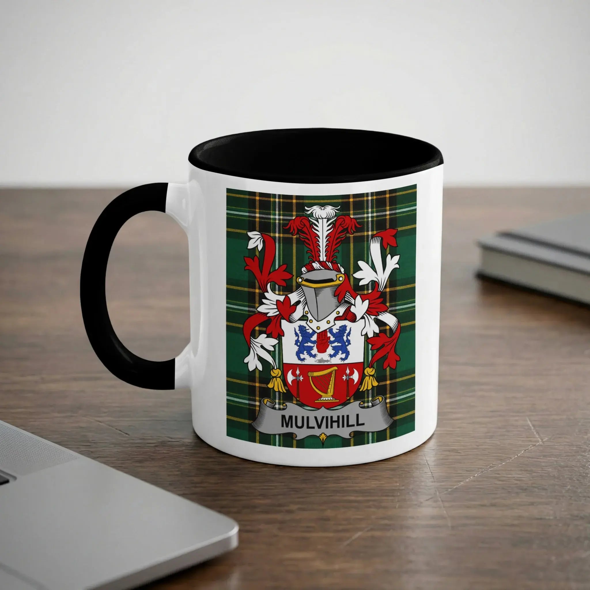 Mulvihill Irish heritage mug with black handle and family crest
