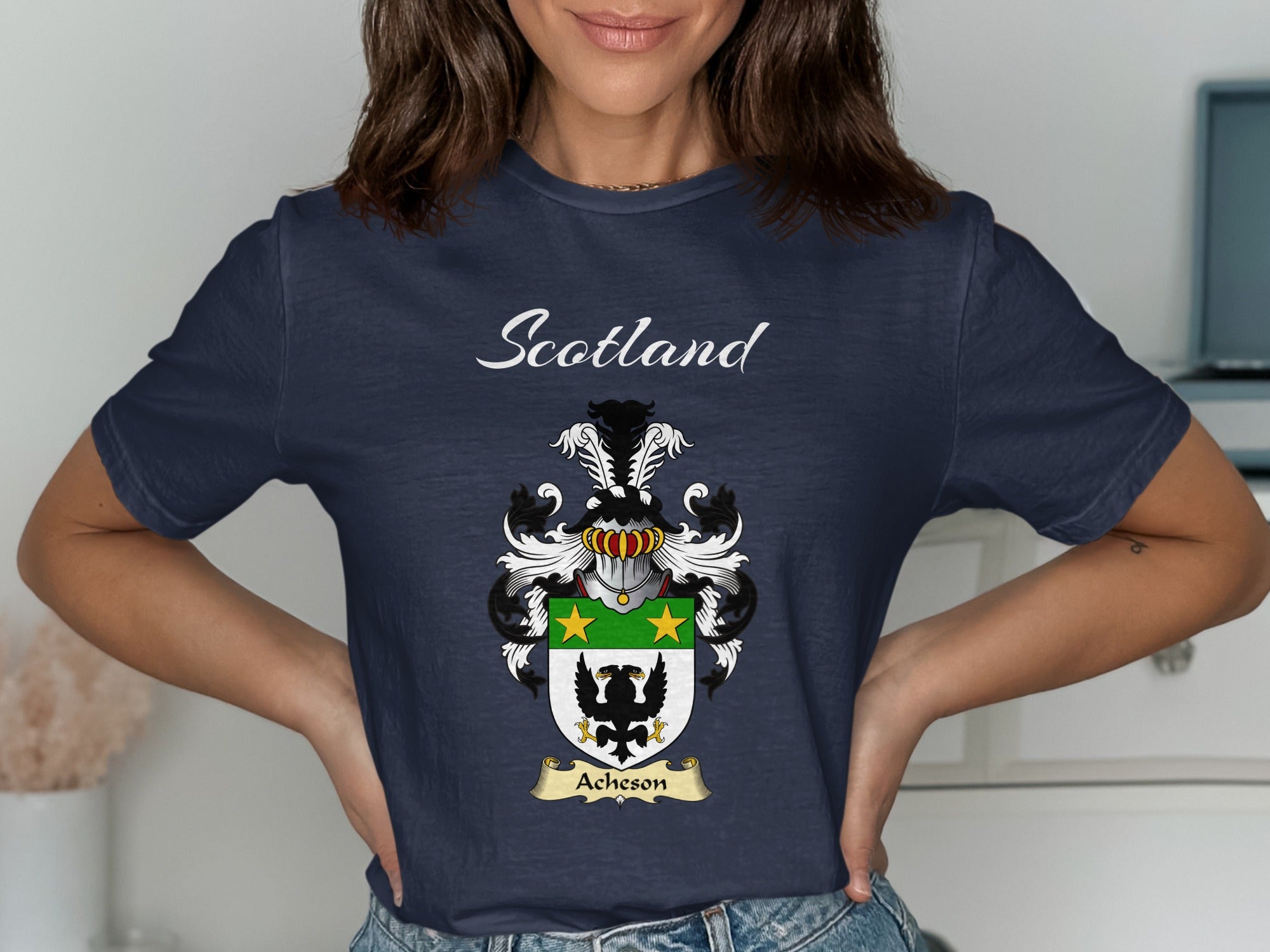 Acheson Scottish family shield design on Navy T-shirt
