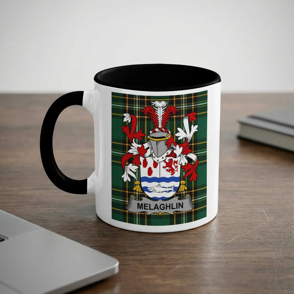Melaghlin Irish heritage mug with black handle and family crest