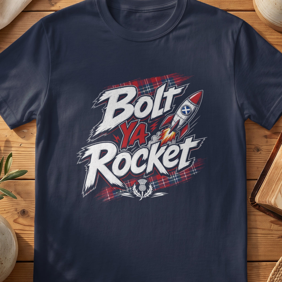 Navy Gildan 64000 unisex T-shirt flatlay with Bolt Ya Rocket Scottish graphic design