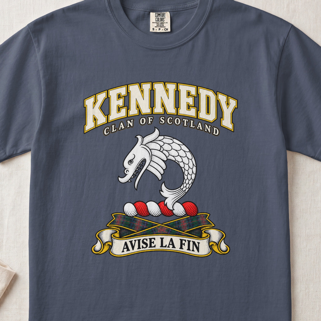 Kennedy Scottish clan T-shirt in Midnight, front view with a curved silver fish motif and motto banner.