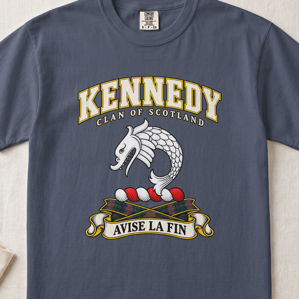 Kennedy Scottish clan T-shirt in Midnight, front view with a curved silver fish motif and motto banner.