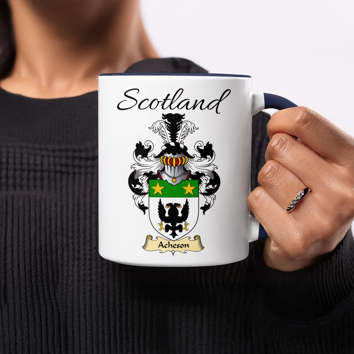 Red-accent Acheson Scottish family crest mugs with Scotland above the heraldic shield