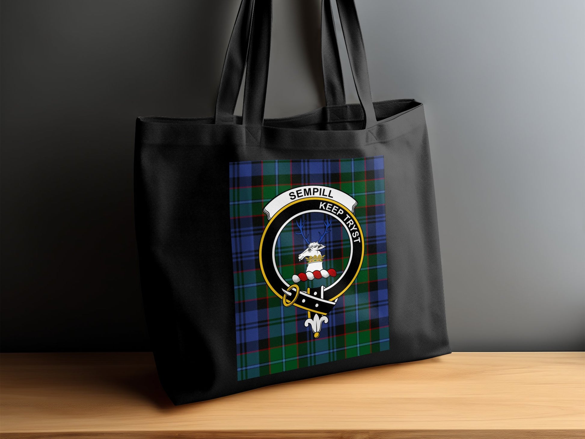 Scottish Clan Sempill Crest on Tartan Background Tote Bag - Living Stone Gifts