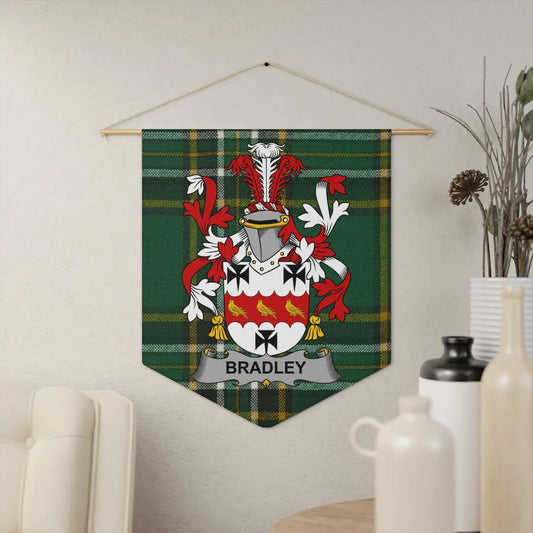 Bradley Family Crest on Plaid Background Wall Tapestry