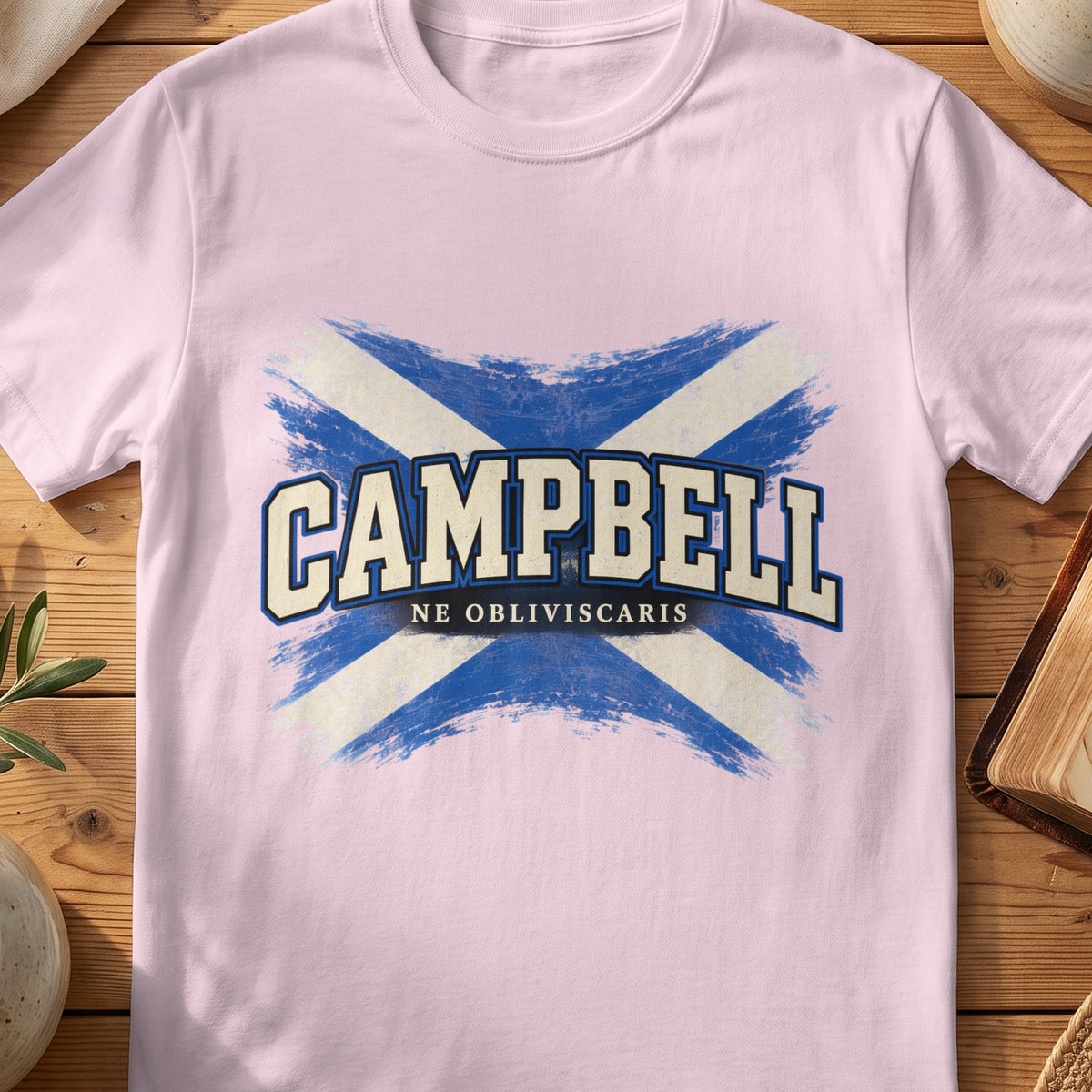 Campbell Scottish Saltire T-shirt in Light Pink, with distressed blue and cream flag and “Ne Obliviscaris” lettering.