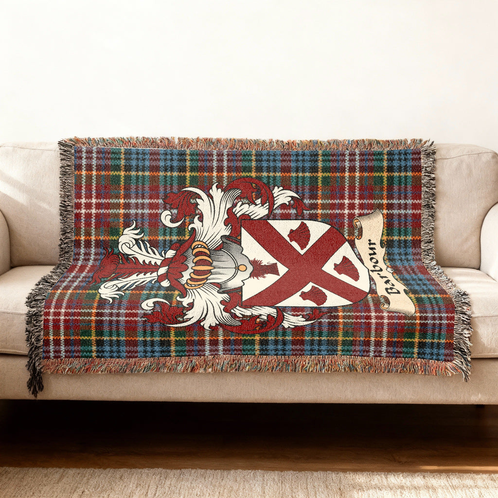 Barbour Scottish woven blanket with family shield and Caledonia tartan background